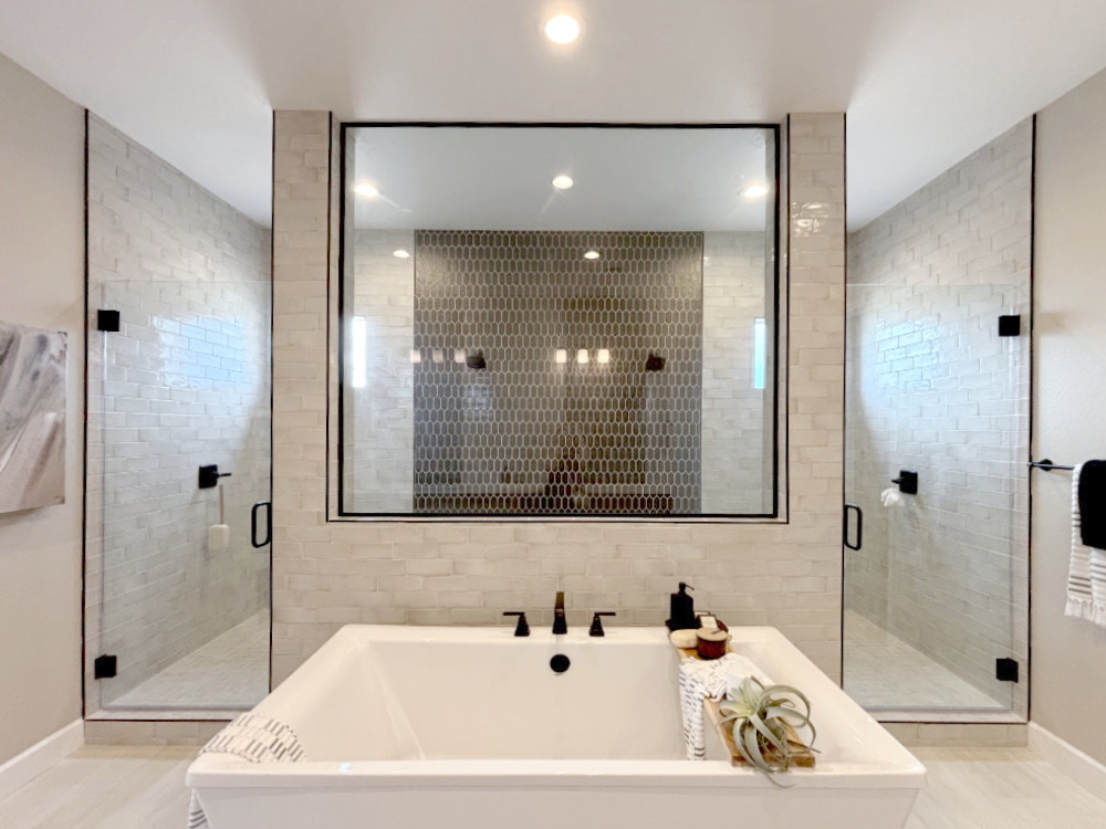 Beautiful custom frameless shower enclosure installed by Prescott Valley Glass
